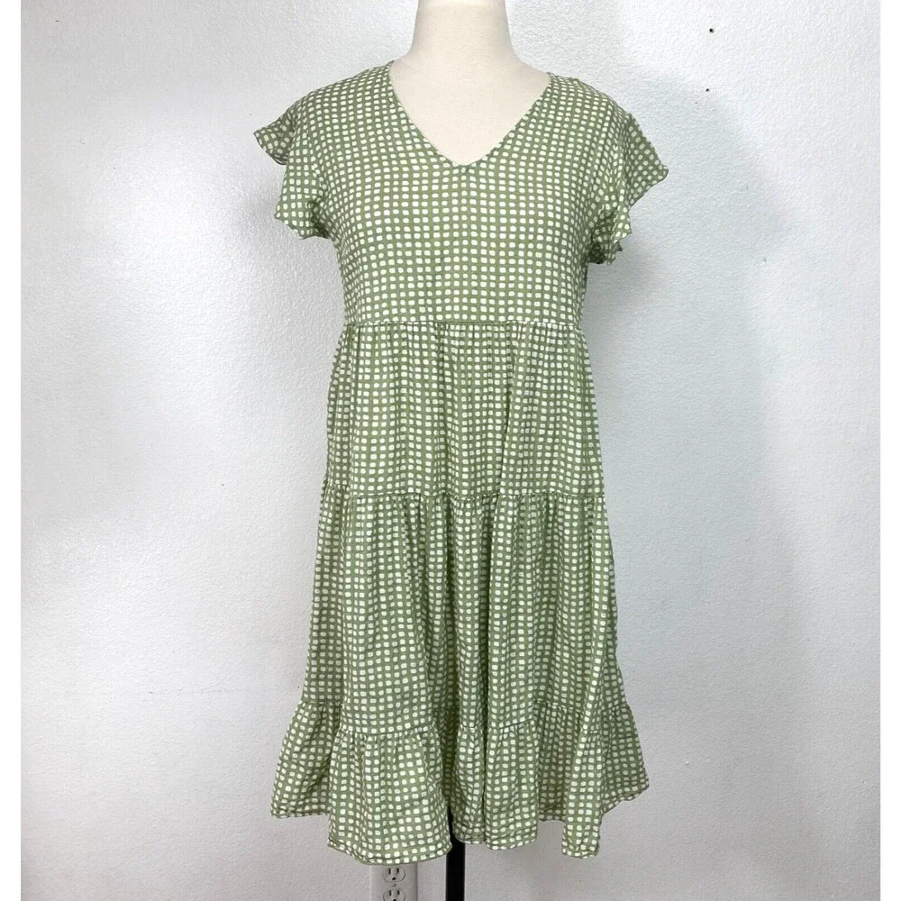 Indigo Soul Woman Green Gingham Dress Small Cotten Rayon Baby Doll Layers Summer